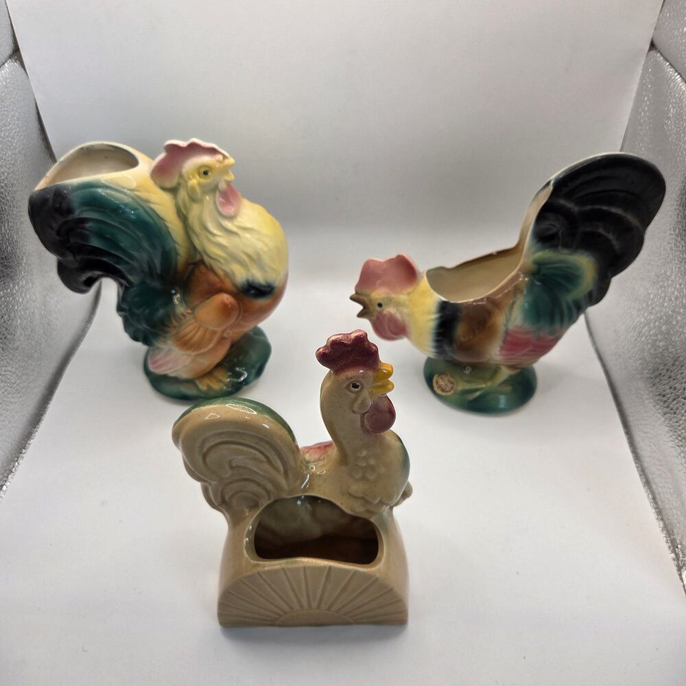 Vintage Royal Copley Rooster Planter Lot of 3 Mid Century Ceramic Pottery